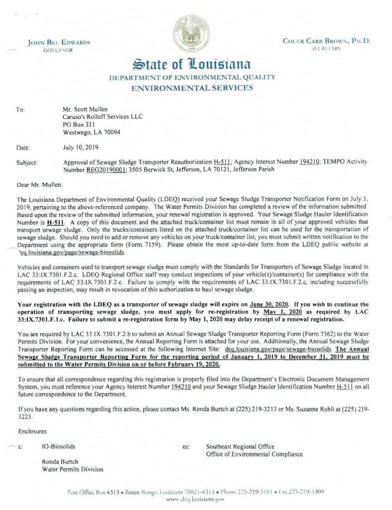 LDEQ Sludge Transport Permit