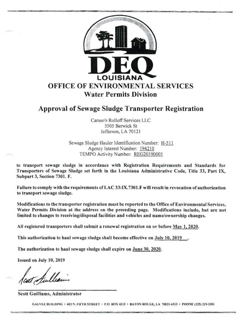 DEQ Permit, Sludge Transport